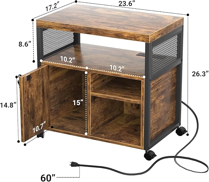 Unikito Rolling File Cabinet Lateral Filing Cabinet on Wheels Mobile Office Printer Stand with Door and Open Storage Shelf for A4 Letter Size and Hanging File Folders Lockable Rustic Brown
