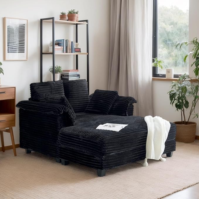 VINGLI 56 Oversized Chaise Lounge Chair Black Comfy Corduroy Chaise Sofa Recliner Bed Upholstered Sleeper Couch Bed with Throw Pillows and Armrests for Living Room Movie Room Bedroom