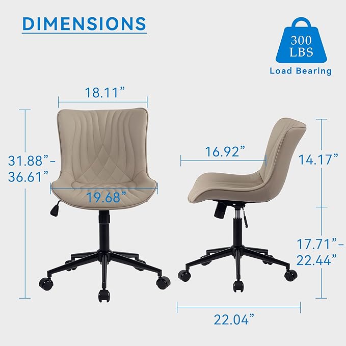 YOUNIKE Office Chair Desk Chair with Wheels Home Office Computer Task Chairs Modern Faux Leather Padded Vanity Chair Adjustable Swivel Armless Office Chairs with Back Khaki