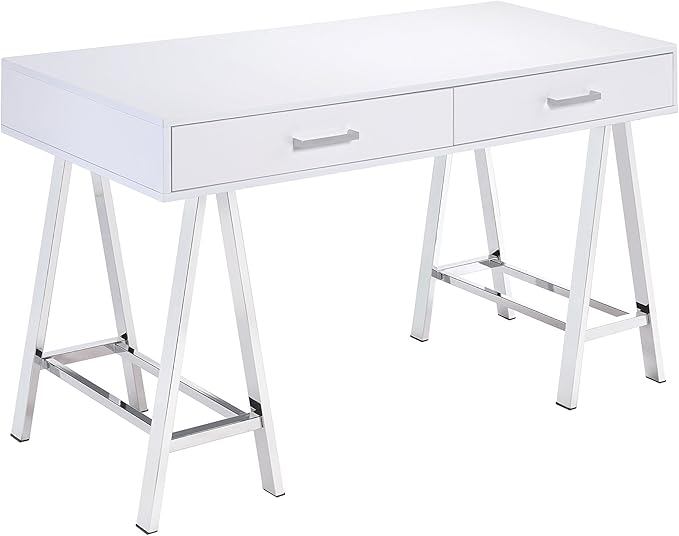 White High-Gloss Writing Desk with USB Port &amp Chrome Accents - Modern Home Office Desk