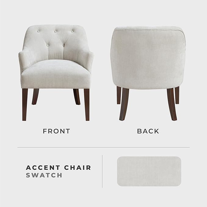 Lexicon Modern Accent Chair Textured Fabric Upholstered Arm Chair with Button Tufted Back Sloped Flared Arms and Wooden Legs for Living Room/Bedroom Oyster