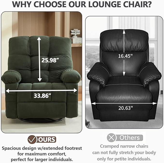 Oversized Recliner Chairs for AdultsSwivel Rocking Chair Recliner with Wide Arms&amp Backrest Fabric Reclining Chair with Pockets Lazy Boy Recliners for Living Room Bedroom (Green)
