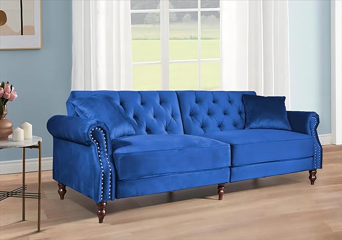 Legend Vansen 87.8 inchs Convertible Velvet Bed Sleeper Futon Sofas Blue