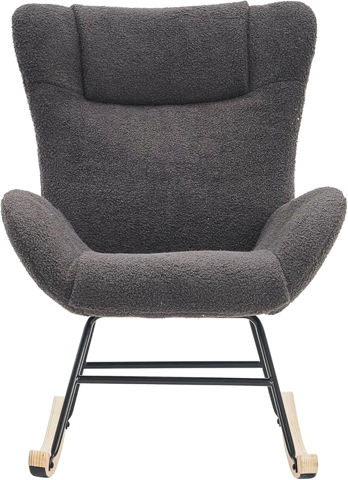 Rocking Chair Nursery Solid Wood Legs Reading Chair with Teddy Fabric Upholstered Nap Armchair for Living Rooms Bedrooms Offices Best GiftGrey Teddy Fabric