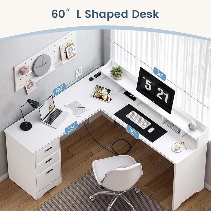 White L Shaped Desk with 3 Drawers 60 inch L Desk with Moveable Hutch and Power Outlet Large Home Office Corner Computer Desk with Storage File Cabinet