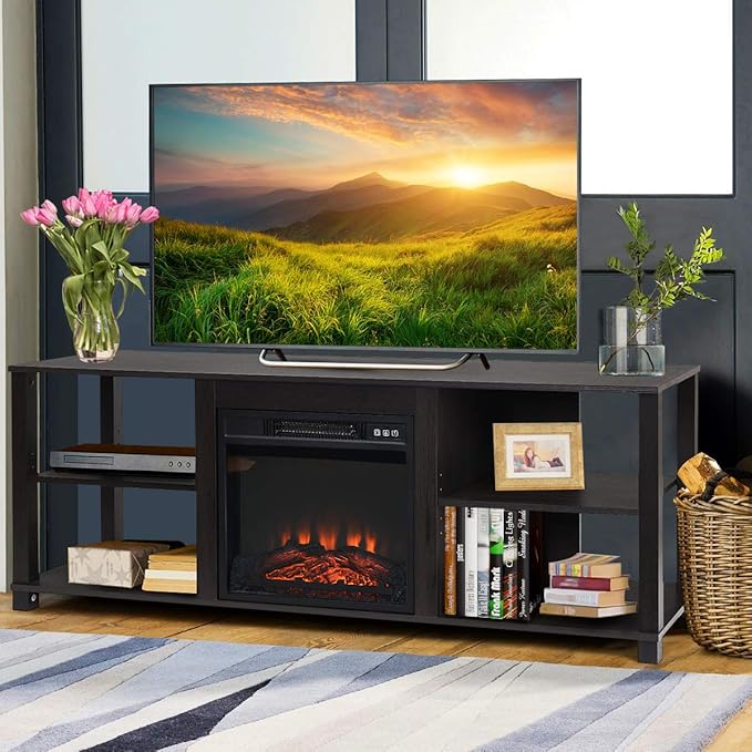 Tangkula 2-Tier TV Stand Entertainment Television Stands Modern Entertainment Centers with Adjustable Shelves Suitable for 18 Electric Fireplace (Not Included)