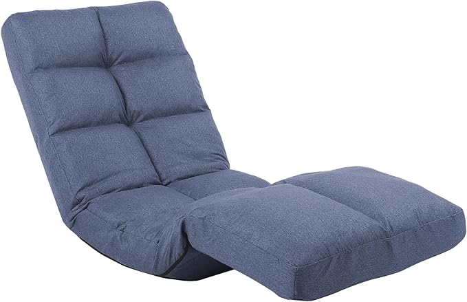 Floor Recliner with Adjustable Footrest - 14-Position Backrest &amp 5-Level Footrest for Ultimate Relaxation Foldable Linen Chaise Lounge Chair for Living Room (Blue)