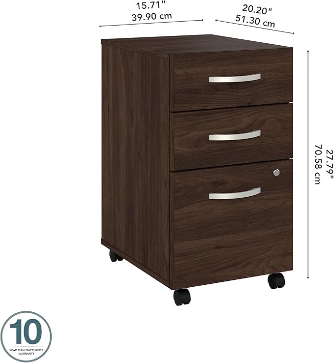 Bush Business Furniture 3 Drawer Mobile File Cabinet - Assembled Rolling Document Storage for Home or Professional Office Studio C Collection Black Walnut