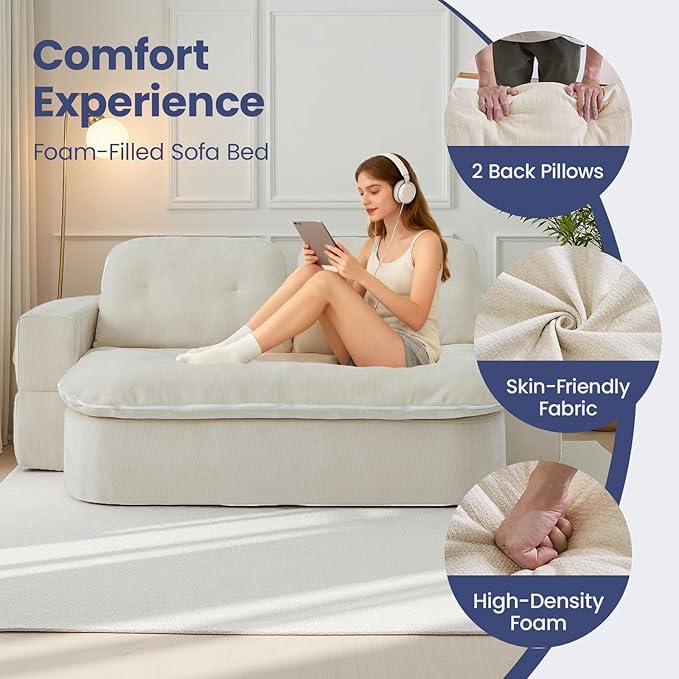 78.74 Convertible Sofa Bed Folding Loveseat Sleeper Sofa 2 in 1 Chenille Floor Couch Bed Foam Compressed Sofa with Pillows &amp Blanket for Living Room Apartment Studio Office (Beige)