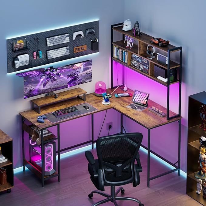 DEVAISE L Shaped Gaming Desk with Hutch Reversible Computer Desk with LED Light 3-Tier Shelves 2 AC+2 USB Outlet and Monitor Stand Corner Desk with Storage for Home Office (Rustic Brown 60 Inch)