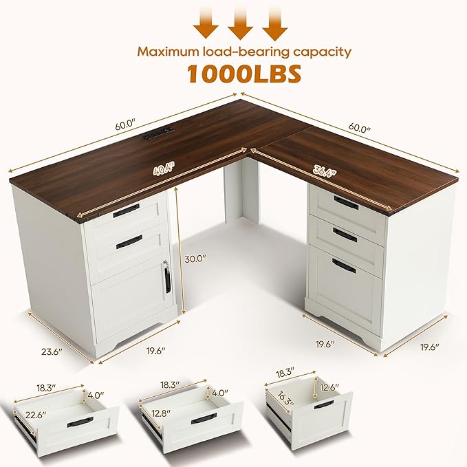 60 L Shaped Executive Desk with Drawers Farmhouse Home Office Desk with Charging Station Wood Computer Corner Desk with File Storage Cabinet for Home Office Work and Study (White)