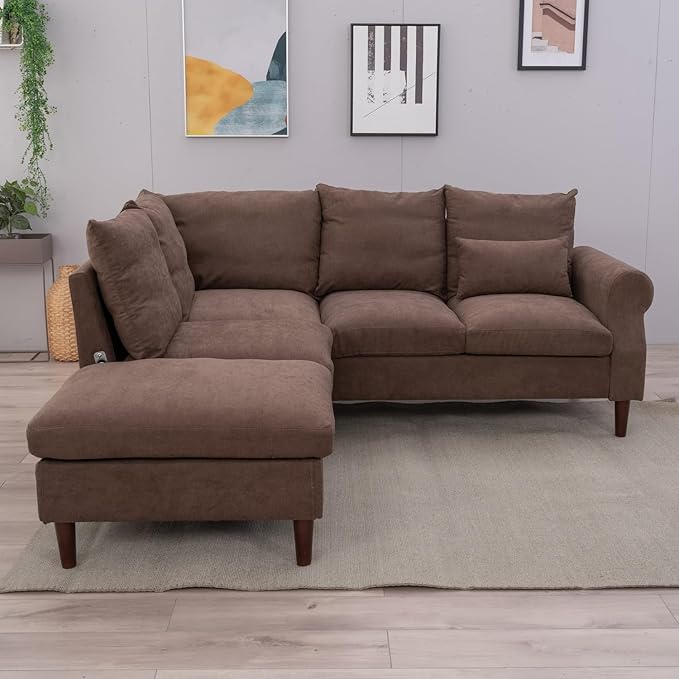 Panana Upholstered Sofa Couch Linen Fabric/Artificial Leather L Shaped Corner Sectional Modern Living Room Sofa (Brown Linen 5 seat Left Corner with Built-in USB Port)