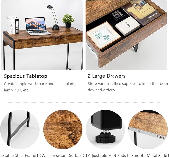 ERGOMASTER Home Office Desk with Drawers Black Modern Wood Desk Laptop Writing Computer Room Work Table for Bedrooms (44 Rustic)