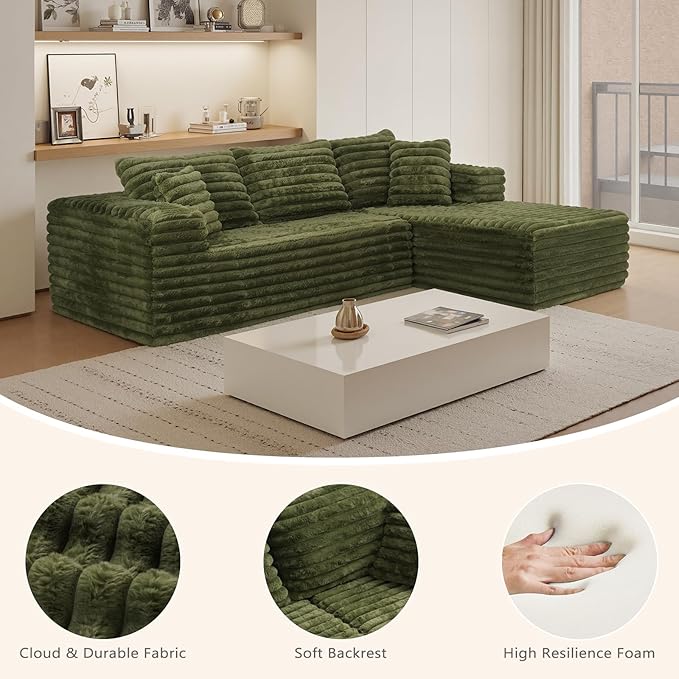 103” Sectional Couch for Living Room Modular Deep Seat L-Shaped Corduroy Sofa No Assembly Plush Wide Fabric Green with Right Facing Chaise