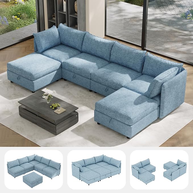 6 Seat Modular Sectional Sofa with Storage Convertible Sectional Couch Modular Sofa with Chaise Living Room Furniture Sets U Shaped Couch with Ottoman Couches for Living Room Blue