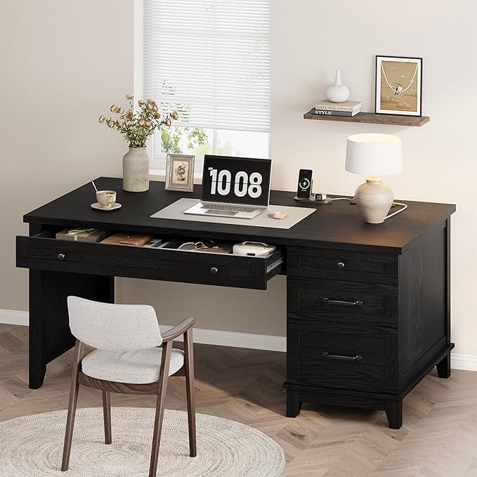 GAOMON 54.5in Wooden Executive Desk with Drawers Office Desk Computer Table with Charging Station Farmhouse Home Office Desk with File Cabinet Storage for Study and Home Office Rustic Black