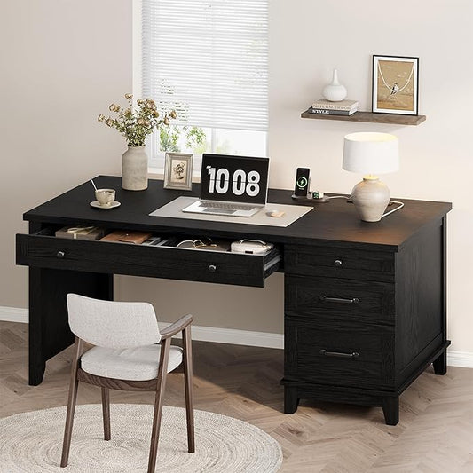 IDEALHOUSE Rustic Wood Double Desk with Built-in Charging Station &amp 4 File Drawers Spacious 2-Person Writing Table for Home Office Heavy-Duty Dual Workstation for Study &amp Work Black