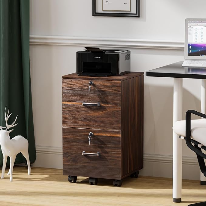 VINGLI 2 Drawer File Cabinet with Lock Wood Dark Brown File Cabinets for Letter Size File Folders with Tabs Under Desk Rolling Filing Cabinet for Home Office Mobile File Organizer Printer Stand
