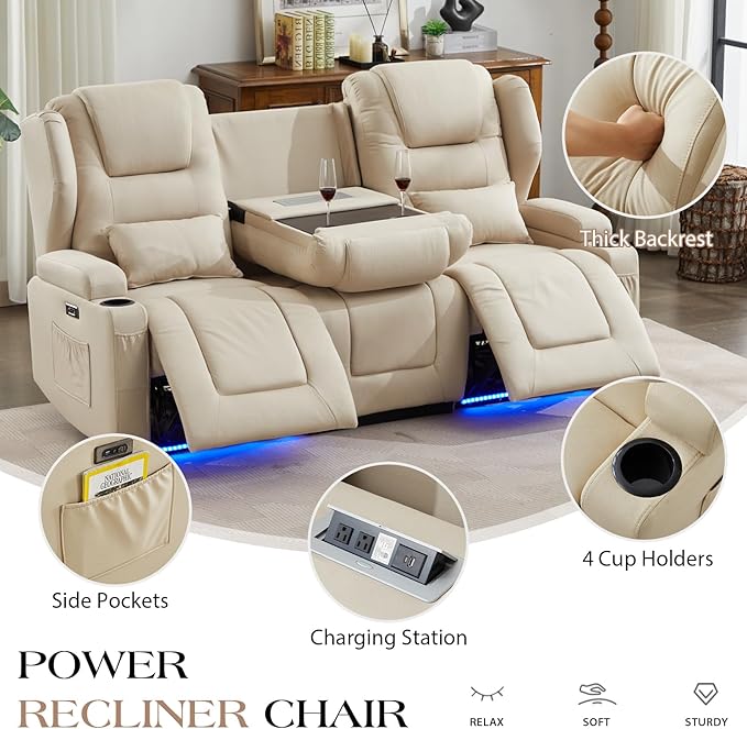 3-Seater Power Recliner Sofa Couch Flip Middle Backrest Reclining Sofa Chair for Living Room with Charging Station/Cup Holders/LED Ambient Light