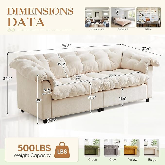 Modern Sofa Couch 94.8W Chenille Tufted Fluffy Comfy Cloud Couch with Tutfted Design &amp Armrest Pillows Upholstered Oversized Loveseat Sofa for Living Room Bedroom Office Apartment Beige