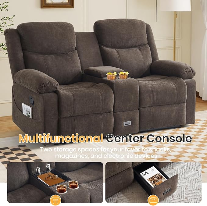 Reclining Loveseat with Console Loveseat Recliner Sofa with Massage &amp Heating RV Wall Hugger Double Loveseat Recliner Couch for Living Room &amp Home Theater (Chenille-Brown-2)