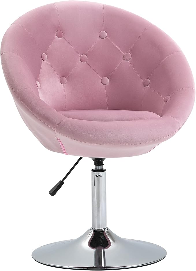 Modern Makeup Vanity Chair Round Tufted Swivel Accent Chair with Chrome e Height Adjustable for Living Room Bedroom Pink