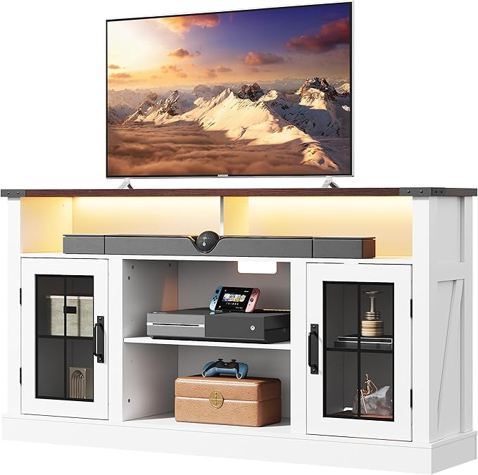 WLIVE Farmhouse TV Stand for 65 Inch TV Tall Entertainment Center with LED Lights &amp Storage Cabinets TV Media Console Table with Adjustable Shelf for Living Room Bedroom Home Theater Milk Whi