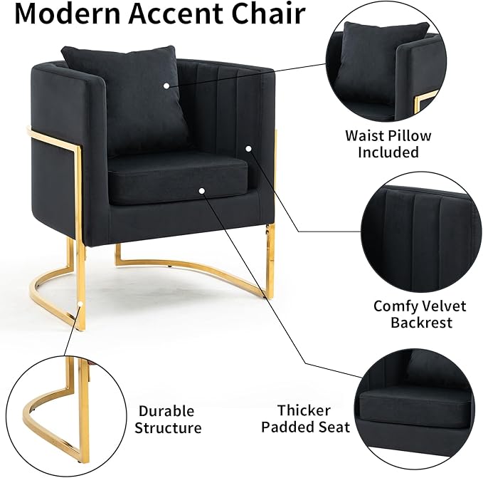 Velvet Modern Accent Chair Upholstered Barrel Armchair Mid Century with Pillow for Living Room Comfy Single Vanity Chair with Metal Gold Legs for Bedroom Black