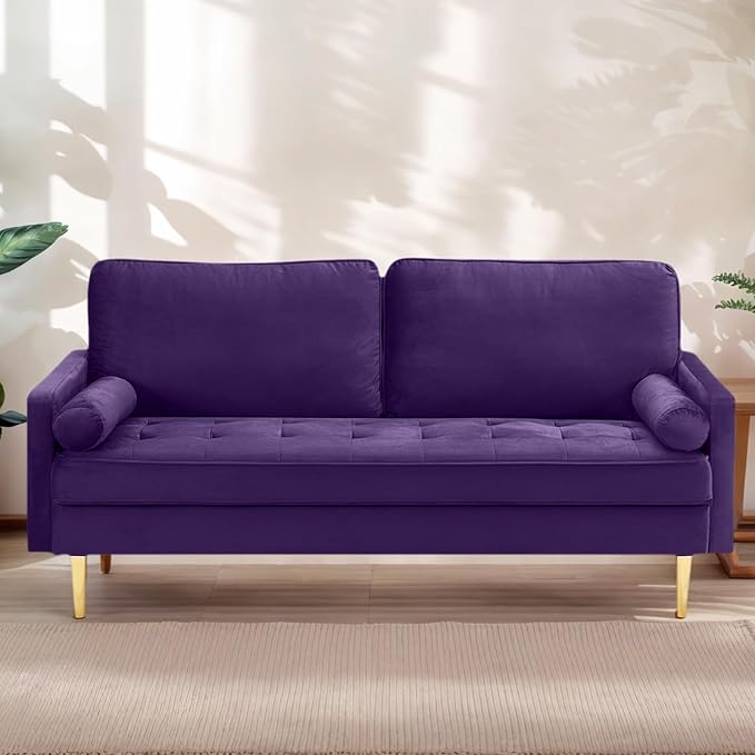 65 Love Seat Sofa Velvet Small Sofa Small Couch for Bedroom Living Room Bedroom Loveseat with 2 Pillows Gold Legs Modern Tufted Seat Upholstered Seating for Office Apartment (Purple)