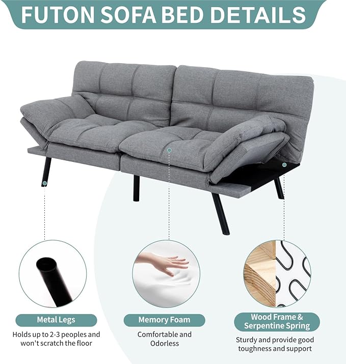 MUUEGM 71 Futon Sofa Bed with Memory FoamFuton Couch with Adjust Backrest and Armrest Couches Bed for Living RoomStudios Apartments Dormitories Offices and Game Rooms. Light Grey Sofa Bed