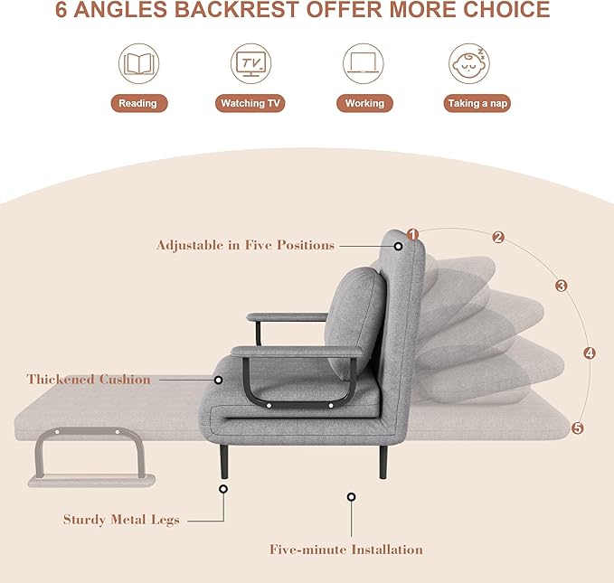 3 in 1 Sleeper Chair Bed Convertible Chair Bed Futon Sofa with Adjustable Backrest &amp Pillow Accent Chair for Apartment/Bedroom/Office (Gray)