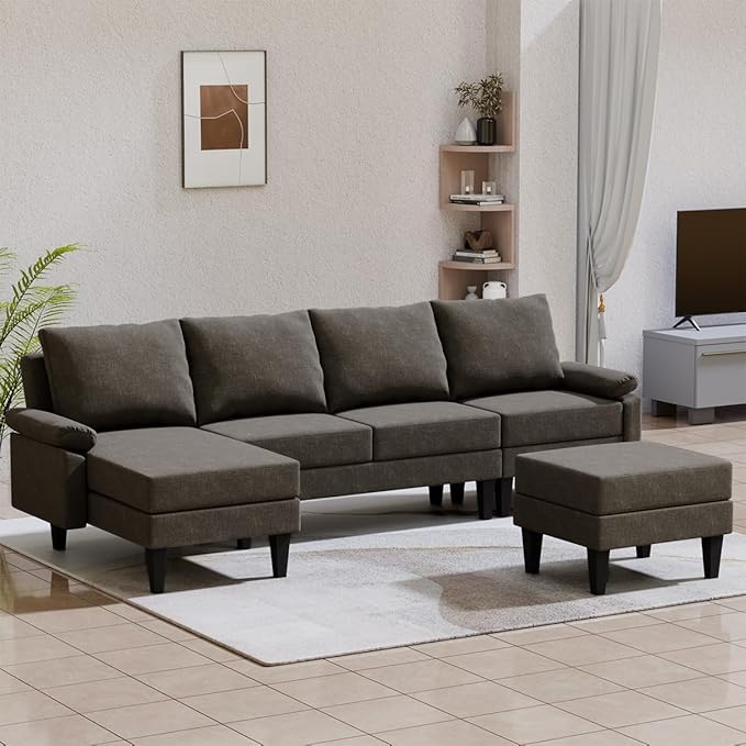 115 Inch Modular Sectional Sofa with Storage Ottoman Modern L-Shaped Sectional Couch with Chaise Chenille Couch for Living Room Apartment or Small Spaces Brown