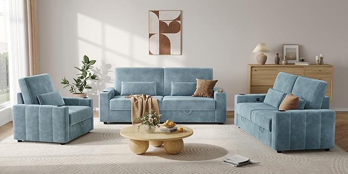 Loveseat Sofa Larger Couch Velvet Fabric with Storage Charging Ports Heightened Backrests Removable Cover Modern Comfy Couches Easy Assembly for Living Room 88 Inch Blue