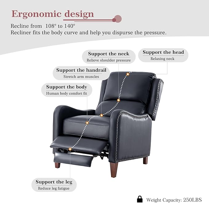 HULALA HOME Genuine Leather Recliner Chair Modern Push Back Recliner Armchair with Thick Seat Backrest &amp Footrest Nailhead Decor for Living Room Bedroom Navy