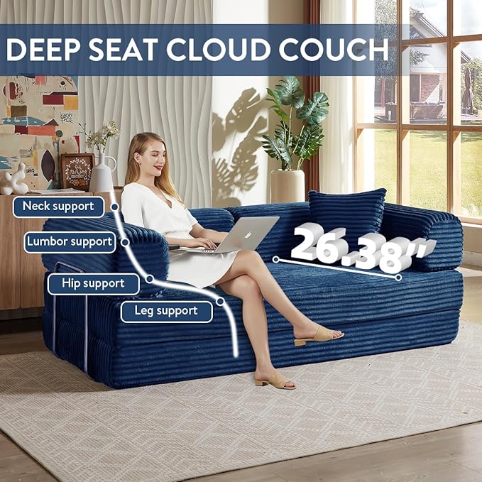Convertible Folding Sofa BedFold Out Floor Sofa Couch with Fixed-Shape FrameCorduroy Foldable Mattress Cloud Couch for Living Room Bedroom (Blue 81 Inch)