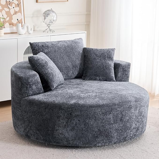 KEIKI Oversized 360 Degree Swivel Chair Large Barrel Chairs Upholstered Round Swivel Chair Chenille Single Sofa Armchair Sleeper Chair for Living Room Lounge Gray