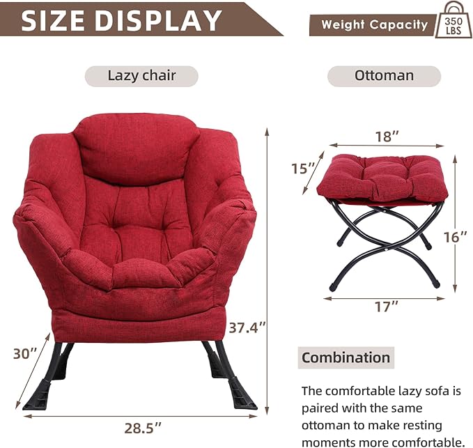 MEETWARM Modern Cotton Fabric Lazy Chair with Ottoman Accent Contemporary Lounge Chair Upholstered Single Leisure Sofa with a Side Pocket Armrests and Thick Padded Back for Living Room(Red)