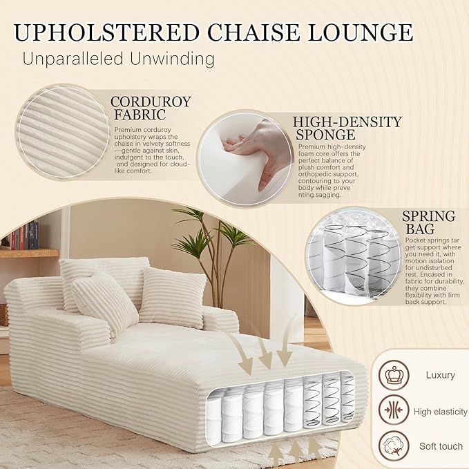 80 Inch Oversized Chaise Lounge Chair IndoorBoneless Corduroy Sofa Bed with Spring CushionDeep Seat Cloud Couch and Reading LoungerSoft Sleeper Sofa for Living RoomNo Assembly Required (White)