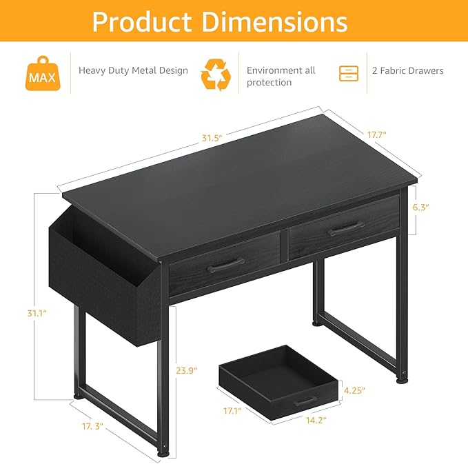 DLisiting Small Desk with Fabric Drawers for Bedroom 32 Inch Gaming Desk with 2 Drawers for Small Space Study Writing Table PC Desks Black