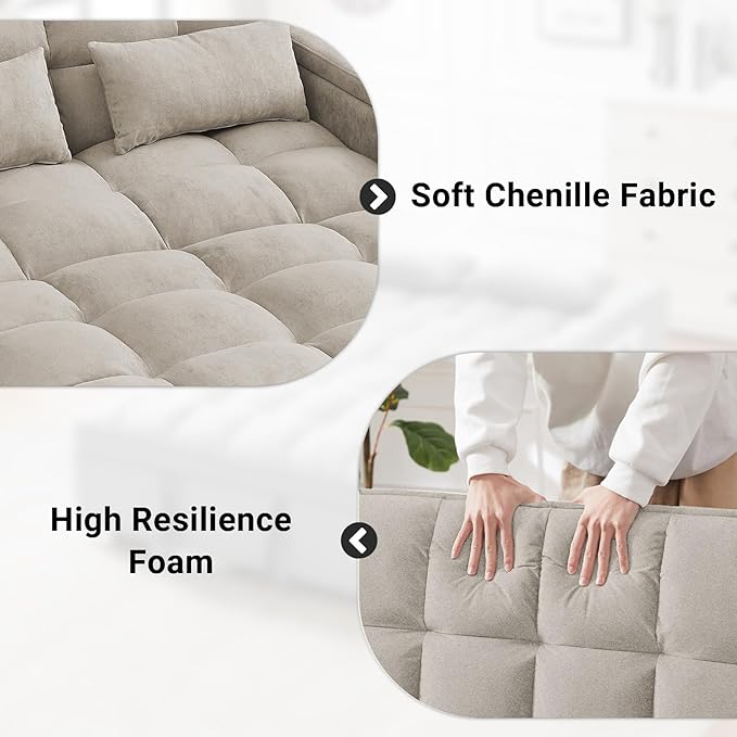 3 in 1 Sofa Bed 65 Inches Convertible Loveseat Sleeper with Side Table Pull Out Couch with 3 Level Adjustable Backrest Chaise Lounge with USB and Type-C Ports for Living Room Khaki