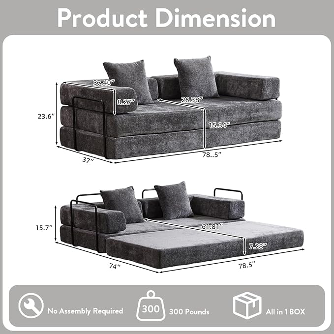 4-in-1 Convertible Folding Sleeper Sofa Bed Fold Out Floor Sofa Couch with Fixed-Shape Frame Cloud Corduroy Foldable Mattress Couch for Living Room Bedroom (78.5 Chenille Dark Grey)