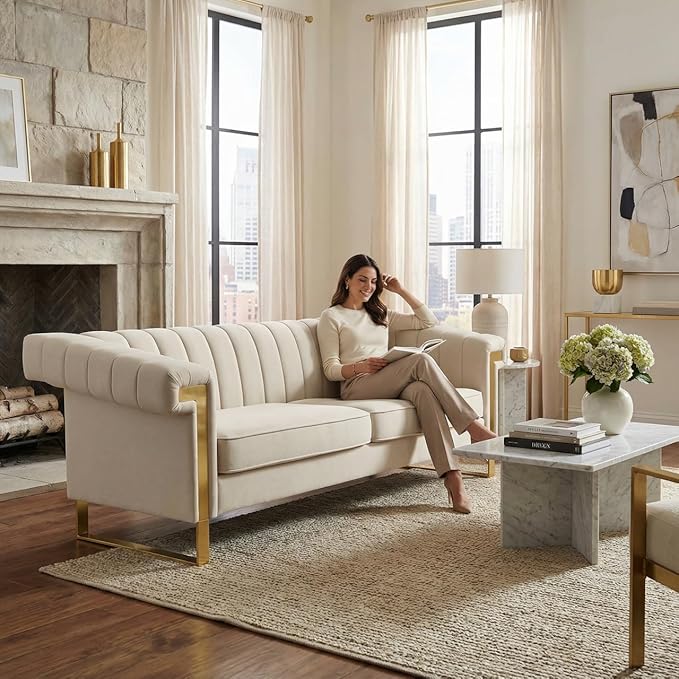 Luxury Velvet 3-Seater Sofa Mid-Century Modern Couch with Gold Metal Legs Waterfall Stitched Back Removable Cushions for Living Room Durable &amp Comfortable (Beige)