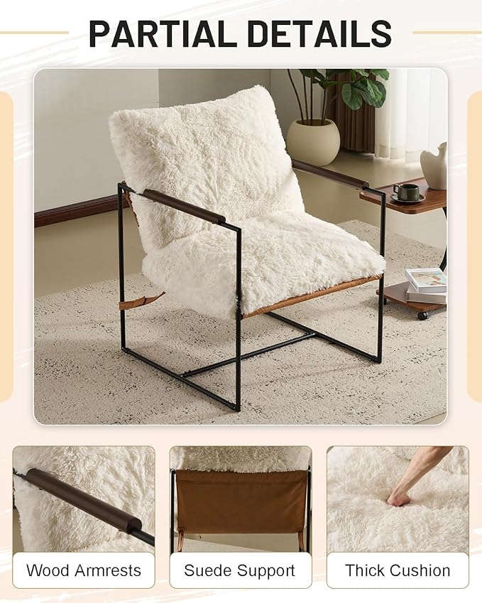 Karl home Modern Accent Chair Plush Fleece Upholstered Living Room Chair with Metal Frame Wooden Armrest Comfy Lounge Armchair for Living Room Bedroom Balcony Reading Room Creamy