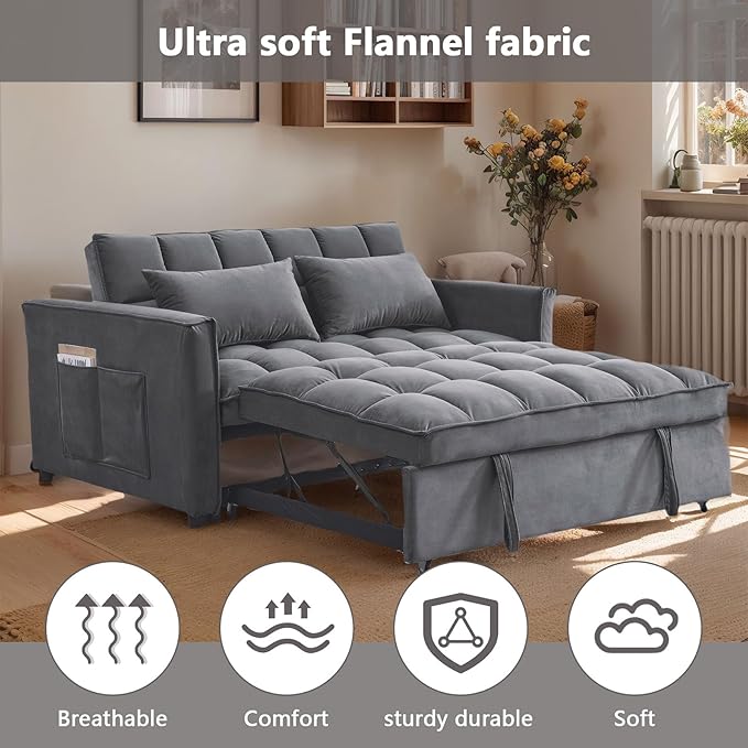 54 Convertible Sofa Bed Velvet Sleeper Sofa with Pull-Out Bed 3-in-1 Futon Couch with Reclining Backrest and Side Pocket Modern Loveseat for Living Room (Medium Grey)