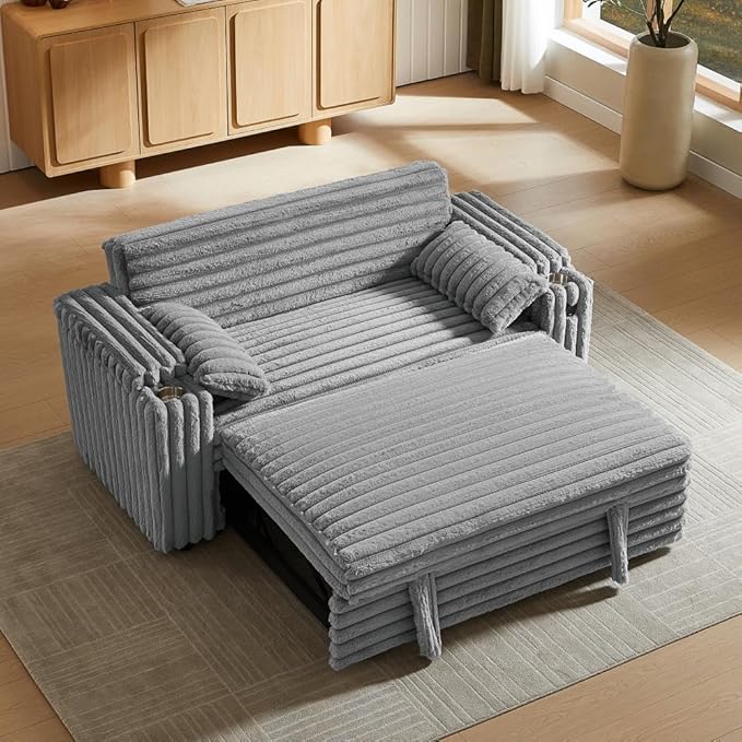 68 Corduroy Convertible Sofa Bed with USB Storage Armrests &amp Pillows – 3-in-1 Foldable Sleeper Chair Floor Couch for Living Room Bedroom Guest Room (ZY-1109-Light Gray)