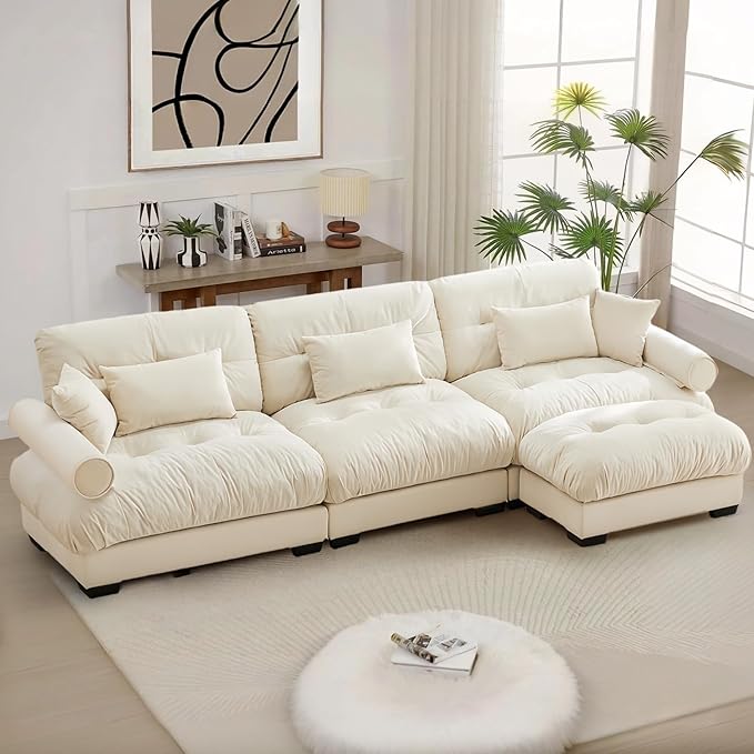 Velvet Modular Sectional Sofa4-Seater Cloud Couch with OttomanPillows and High Density Memory Foam for Living Room Home TheaterApartment（Beige）