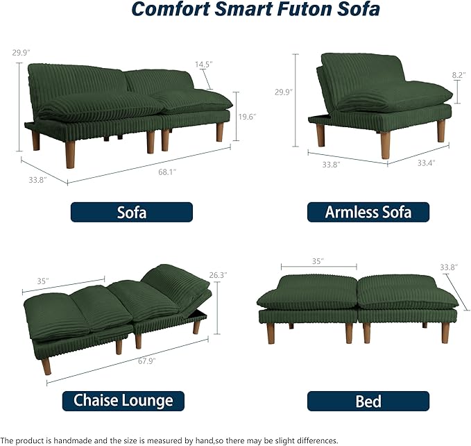 3 Sets 69 Futon Sofa Bed 4 in 1 Multi-Function Couch Sleeper with Adjustable Backrest Modern Convertible Futon Recliner Small Loveseat for Living Room Plush Green
