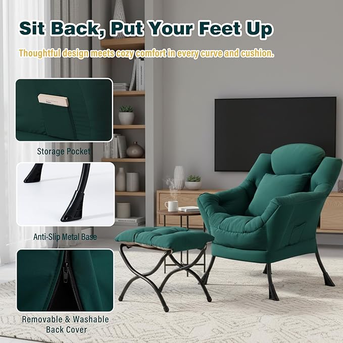 Lazy Chair with Ottoman Large Accent Chair with Ottoman and a Throw Pillow Dark Green Reading Chair for Living Room Bedroom Dorm Room Office Apartment Relaxing Use