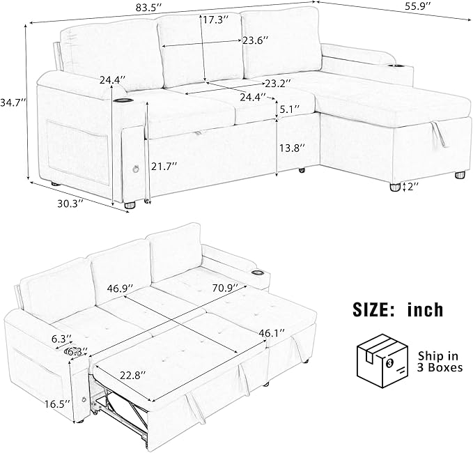 Merax Modern 83.5 L-Shaped Sectional Sofa with Pull-Out Sleeper Bed USB Ports &amp Cup Holders Chenille 3-Seat Couch with Storage Chaise Lounge Side Pocket &amp Drawers for Living Room Black