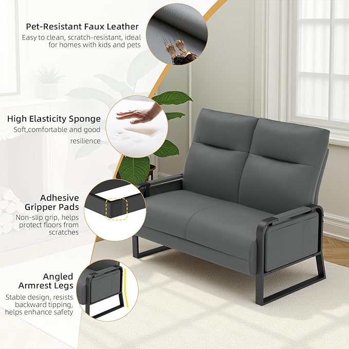 Faux Leather Loveseat Couch for Living Room Bedroom Office Small Sofa 2 Seater Couch with Flip Up Tray Table Side Pockets Leather Loveseats Gray